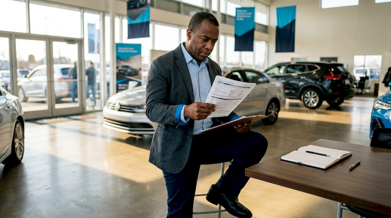 Dealer reviewing car appraisal paperwork at desk