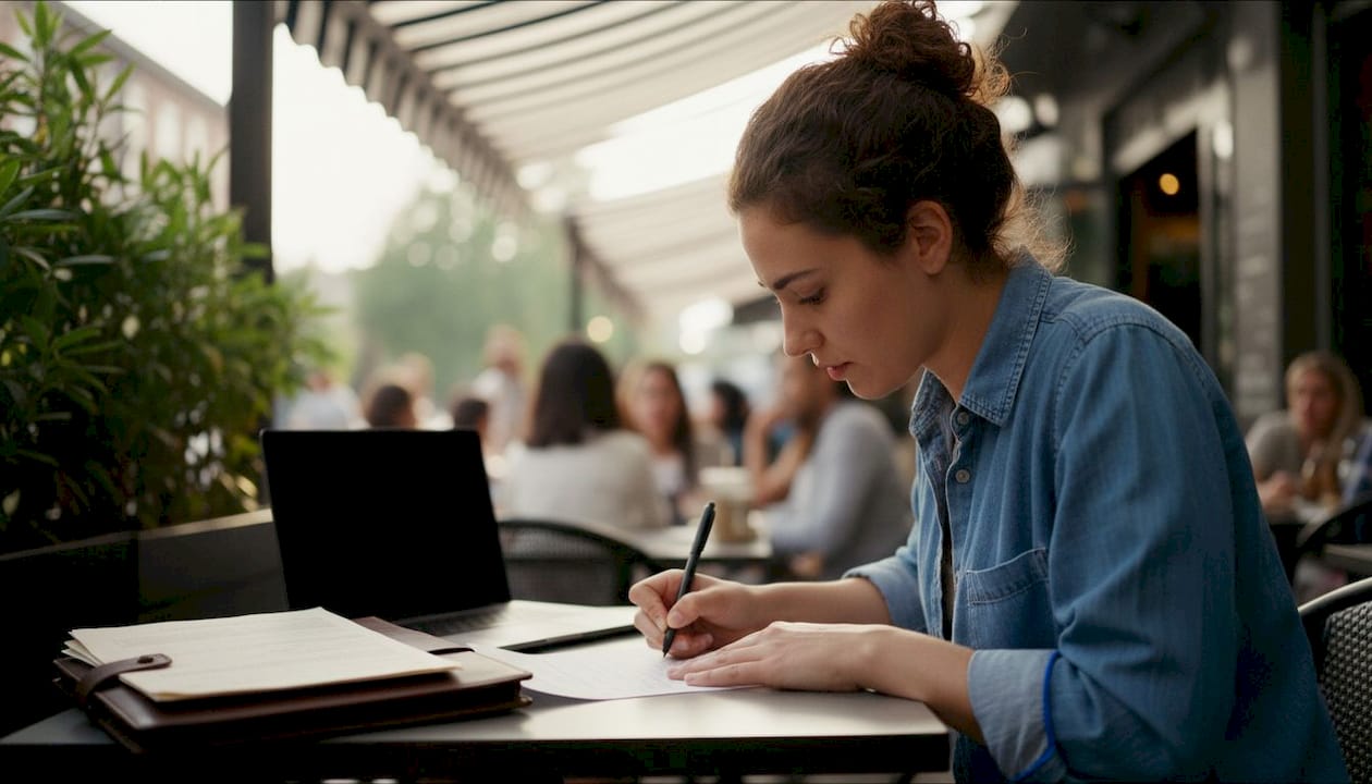 Woman signing vehicle title at library desk