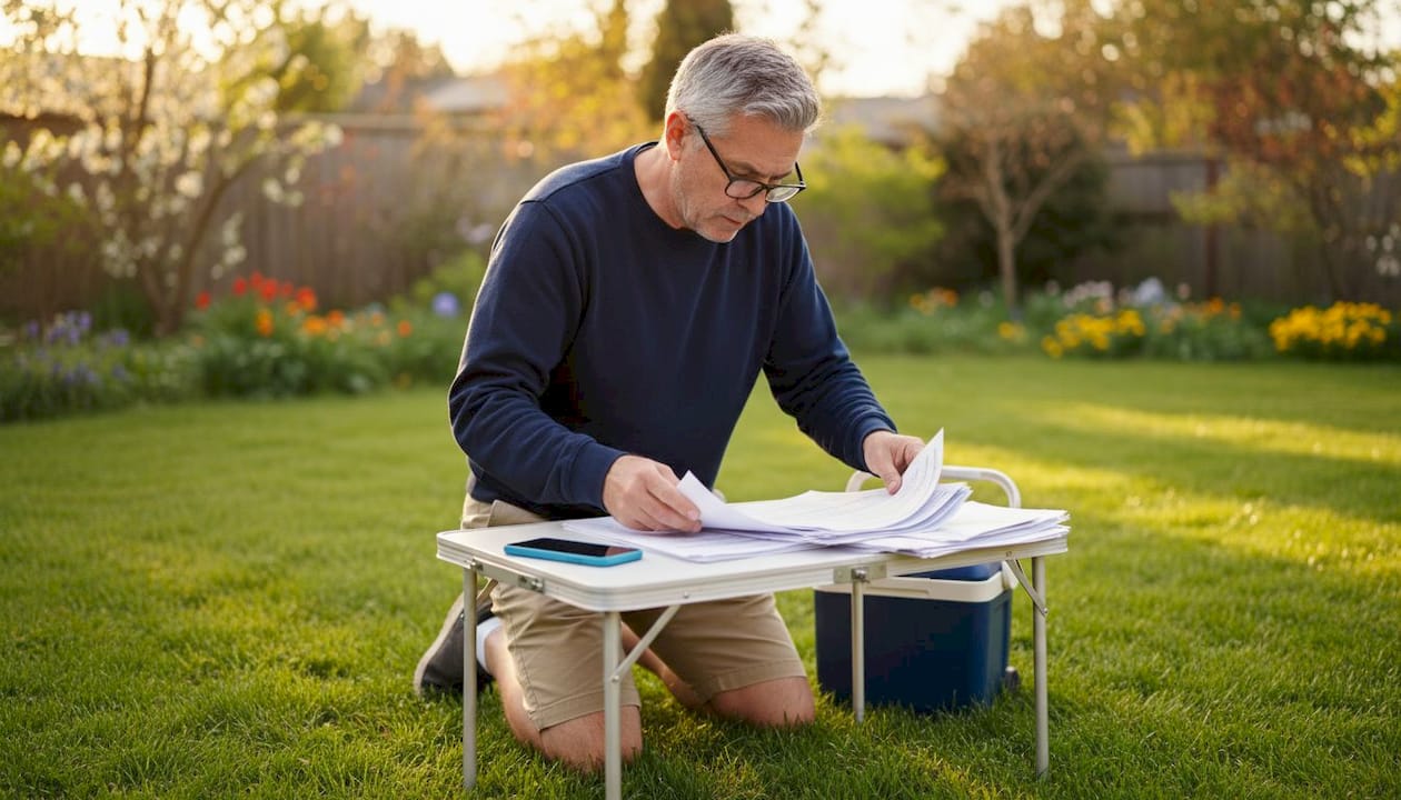 Man reviewing car sale paperwork at home table