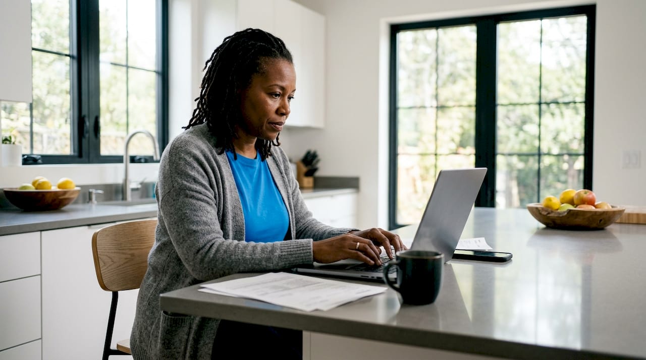Woman conducting remote car sale on laptop