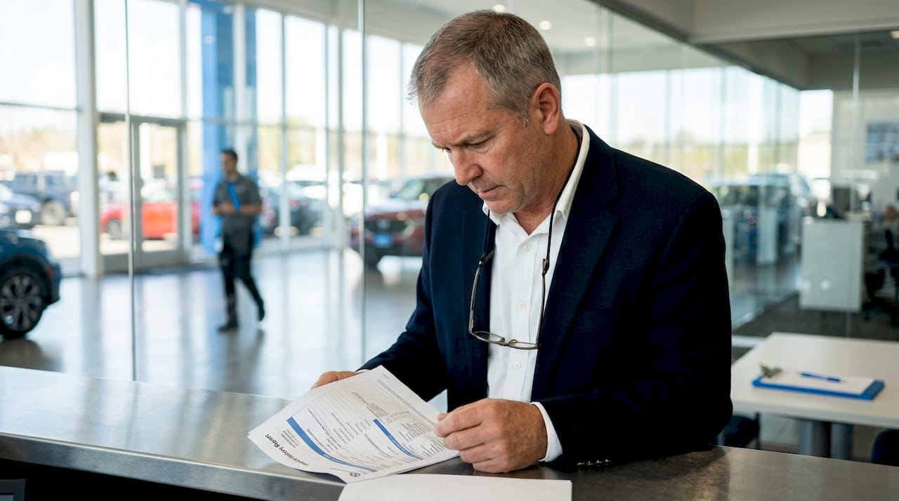 Seller reviewing car listings in dealership office