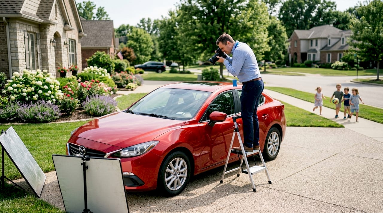 Photographer taking detailed car photos outdoors