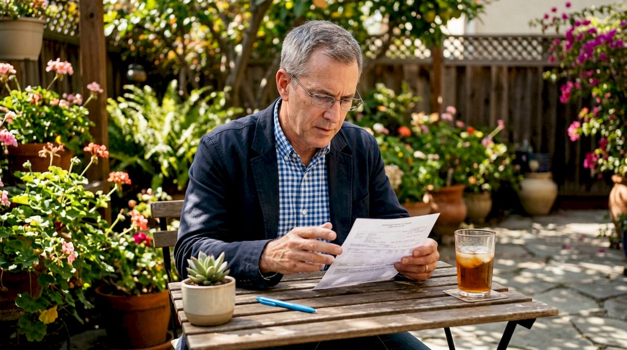 Man reviewing car sale receipt at table