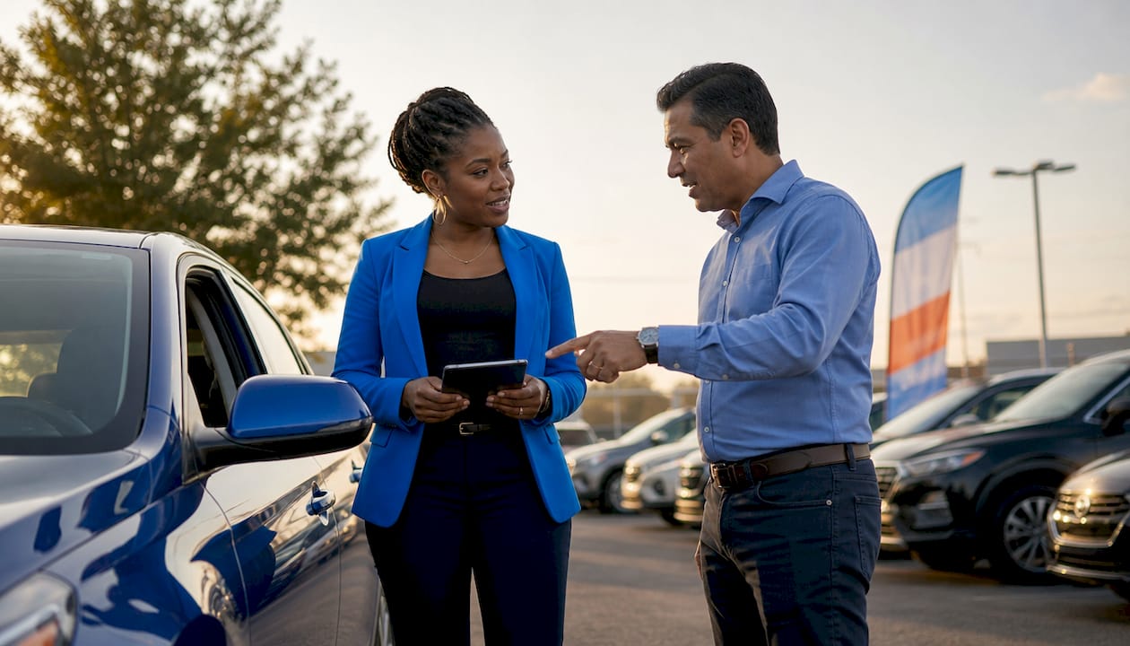 Buyer and seller discussing car price outdoors