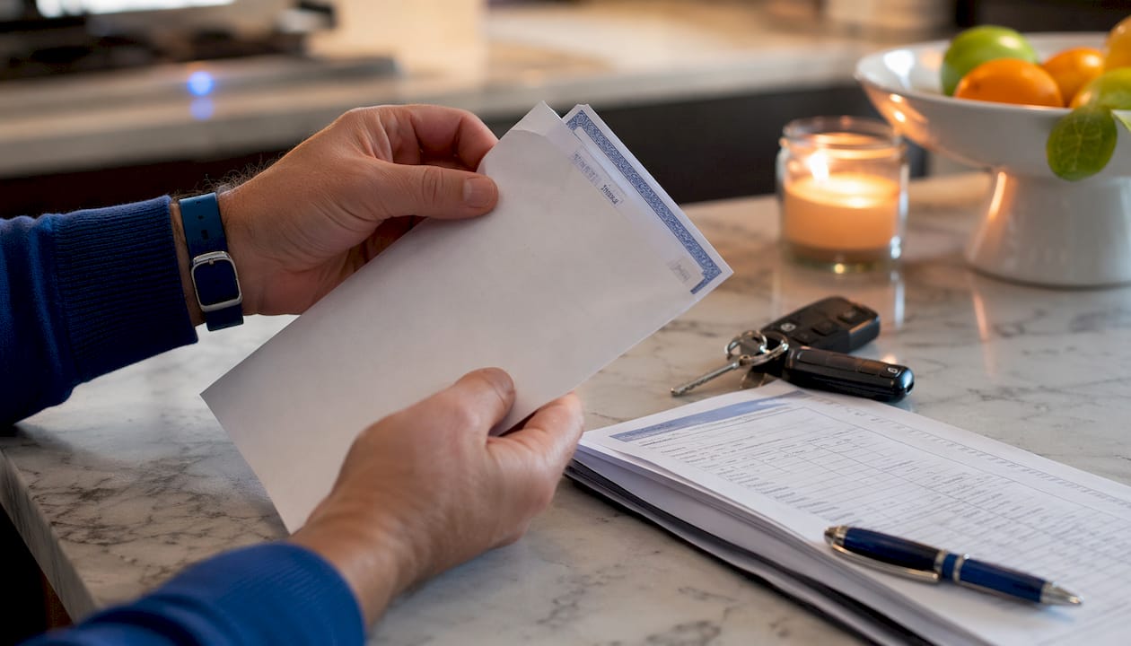 Vehicle title, keys, and maintenance papers on desk