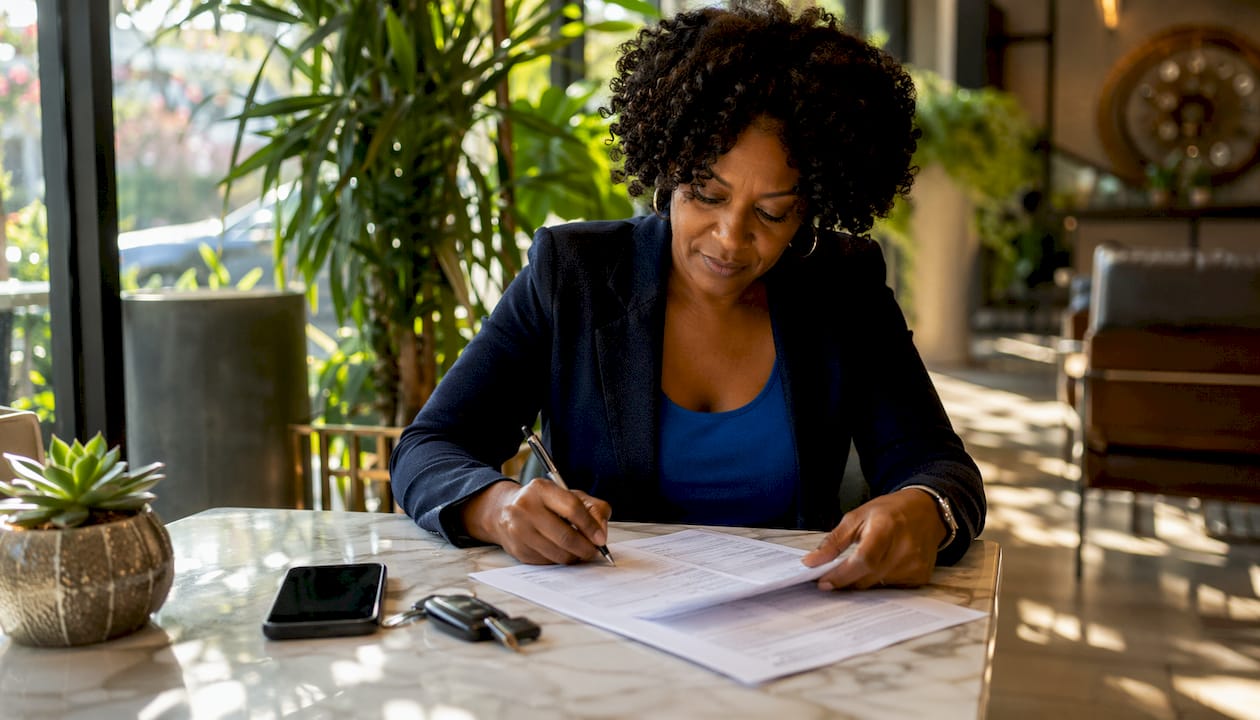 Woman completing car sale documents at home