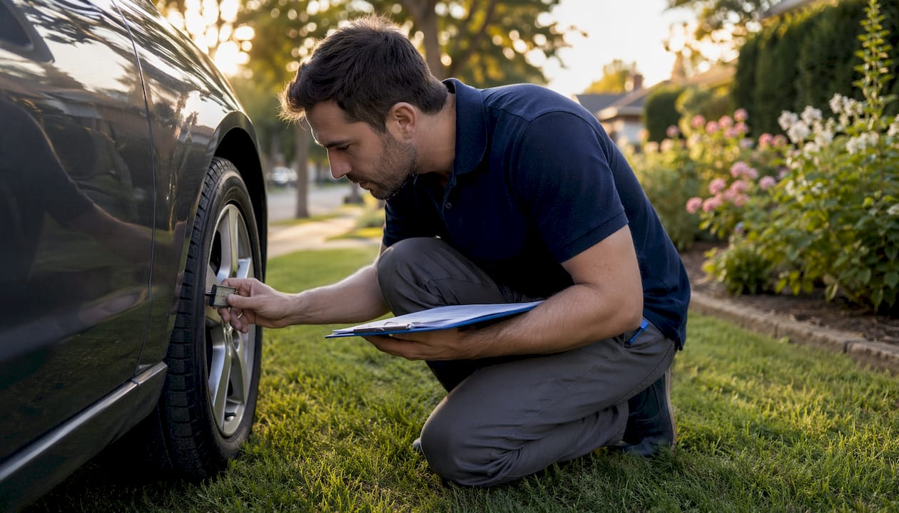 Appraiser inspecting car tire tread indoors