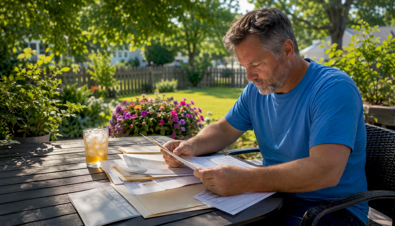 Man organizing car sale documents at kitchen table
