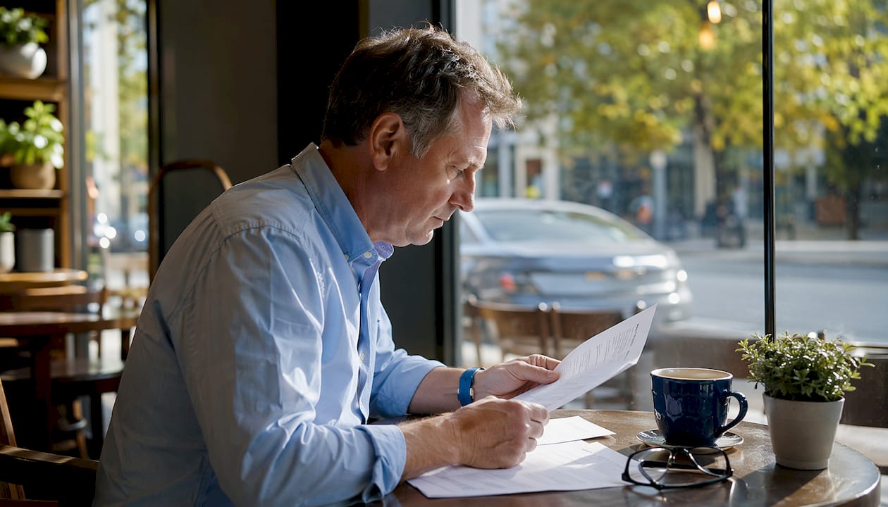 Hands holding signed car sale documents on desk