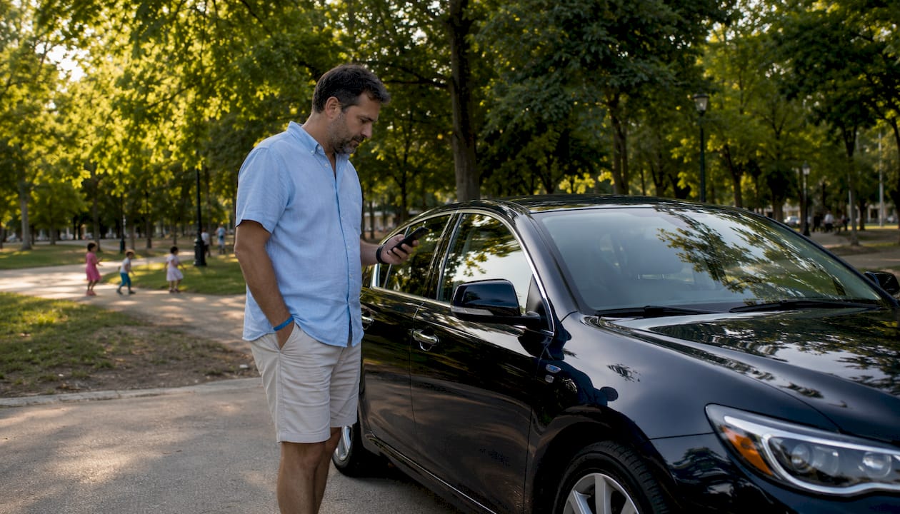 Man assessing vehicle for sale options outdoors