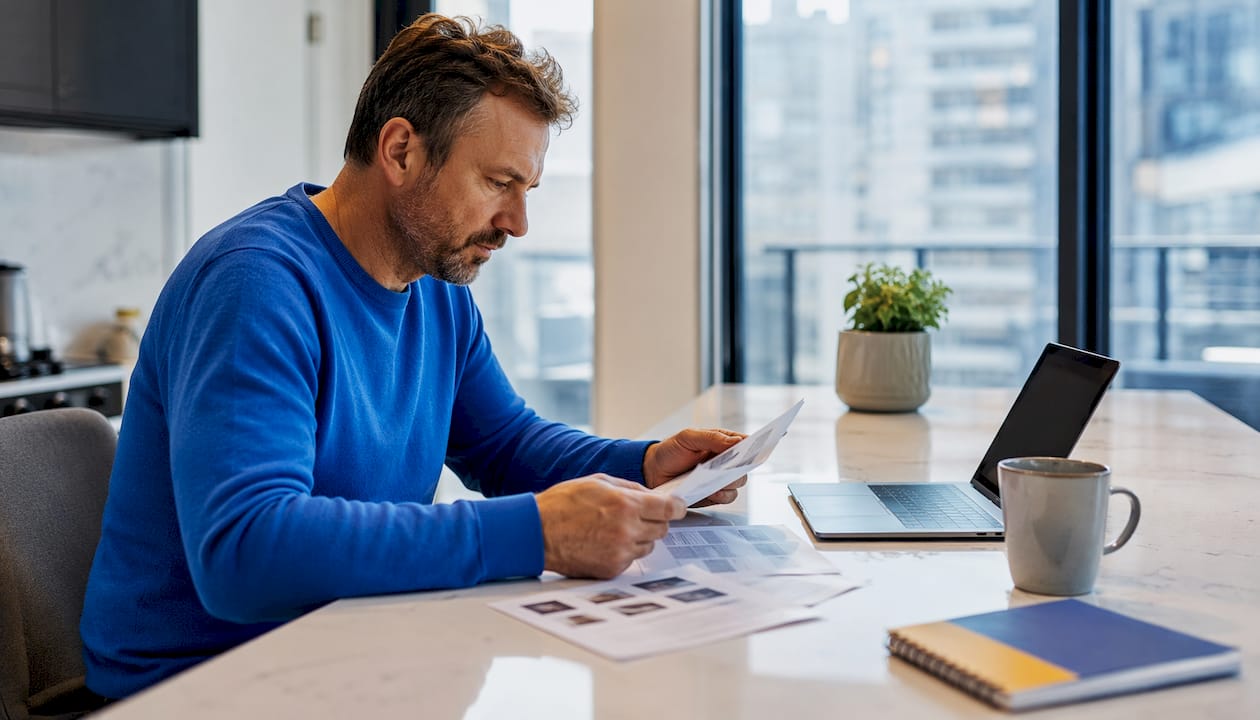 Man reviewing car appraisal documents at home