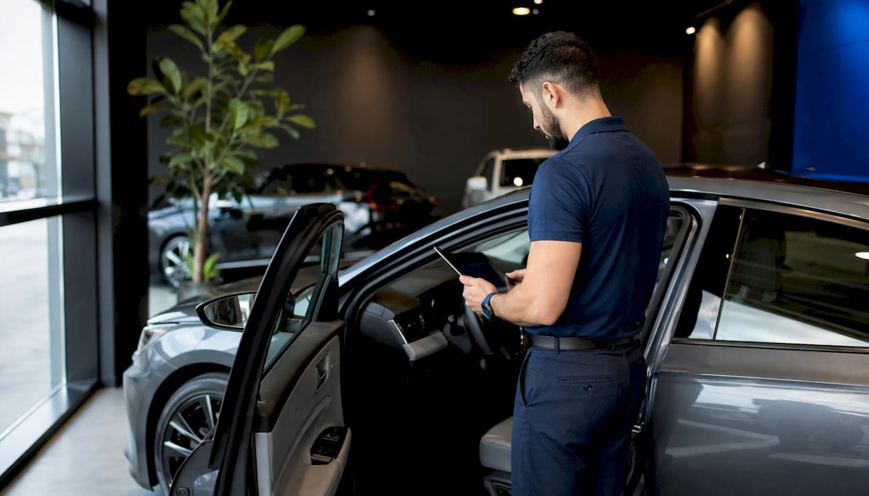Car appraiser inspecting vehicle at dealership