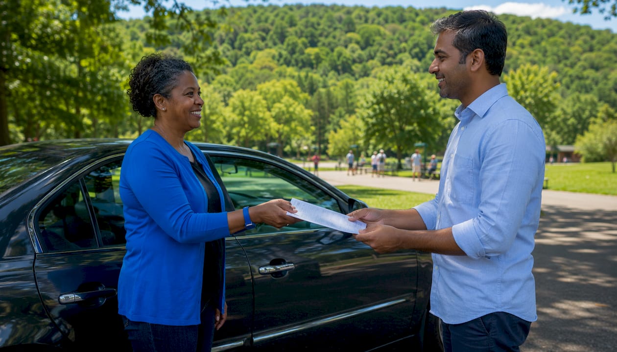 Person handing over car title outdoors