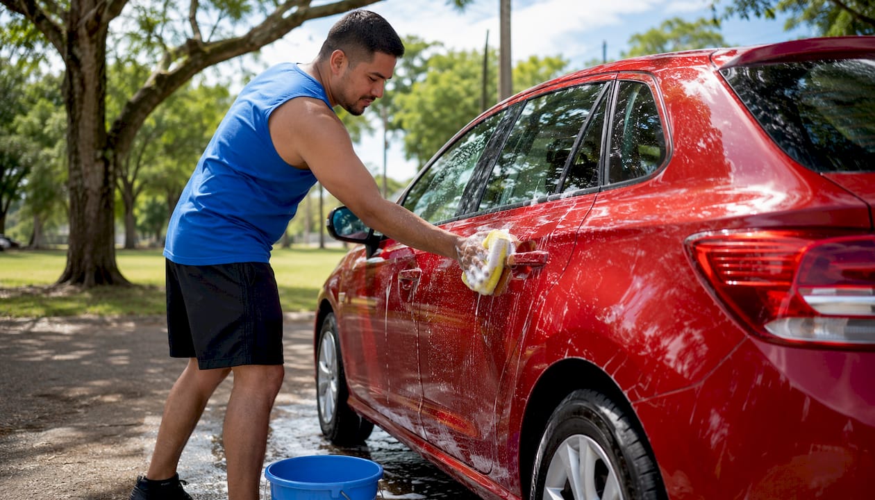 Man washing car preparing for sale
