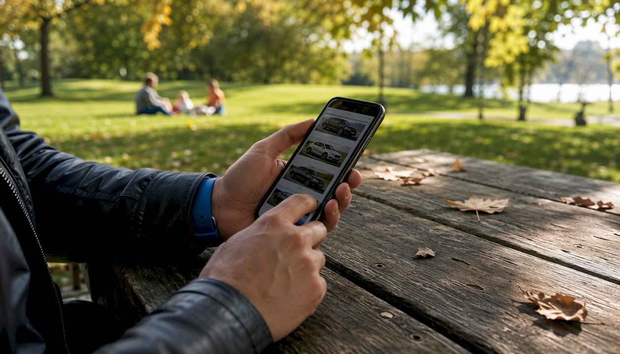 Hands scrolling car offers on smartphone outdoors