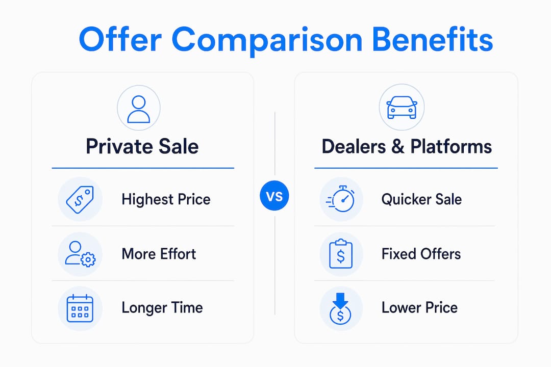 Infographic comparing private sale and dealer offer benefits
