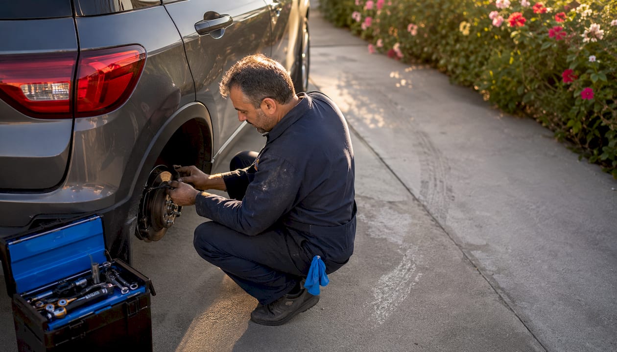 Mechanic checking car brake pads during inspection