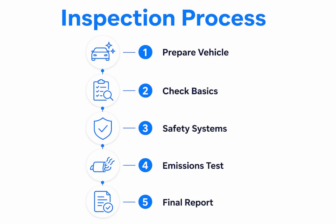 Infographic illustrating vehicle inspection steps from preparation to final report