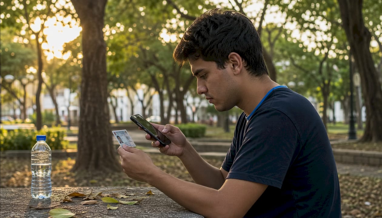 Buyer scanning photo ID at park bench