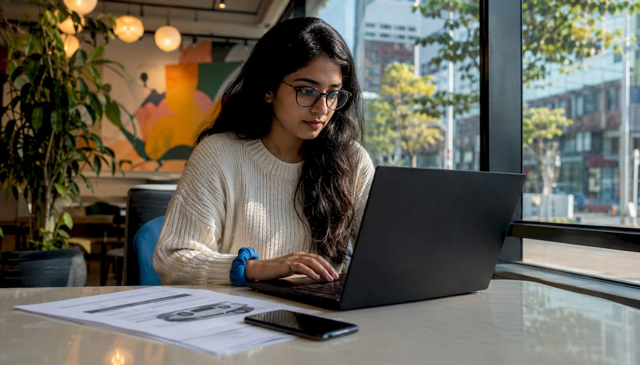 Woman conducting online car valuation at home
