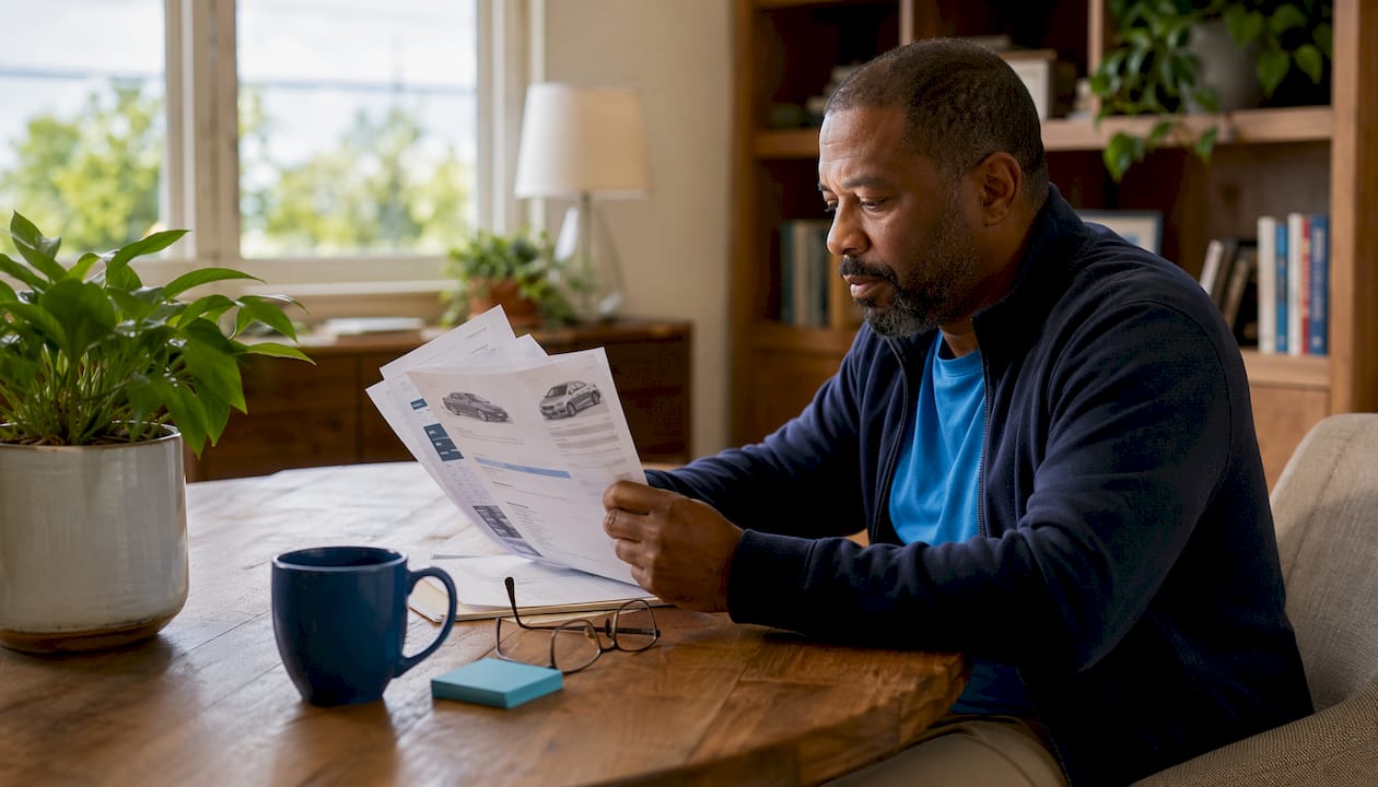 Man reviewing car sale documents at kitchen table