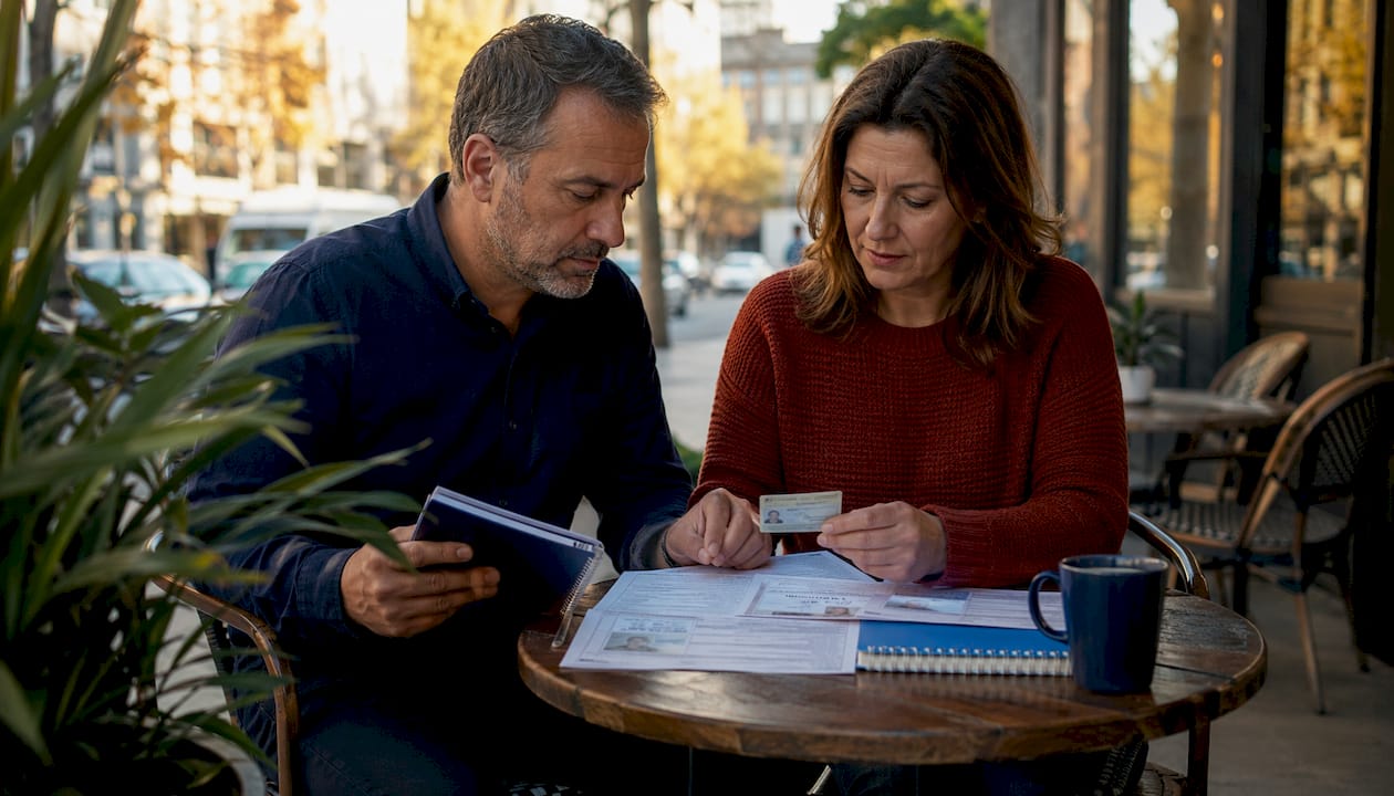 Two people verifying identity by car outdoors
