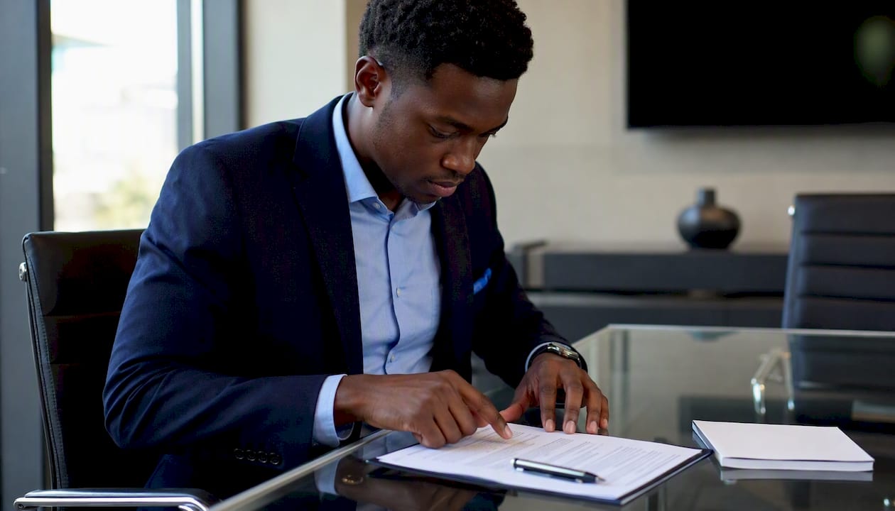 Hands pointing to car contract clauses on desk