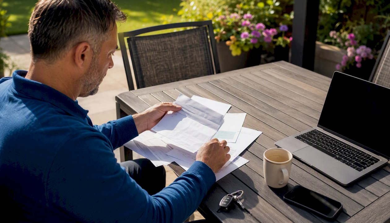 Person reviewing car sale documents at home table