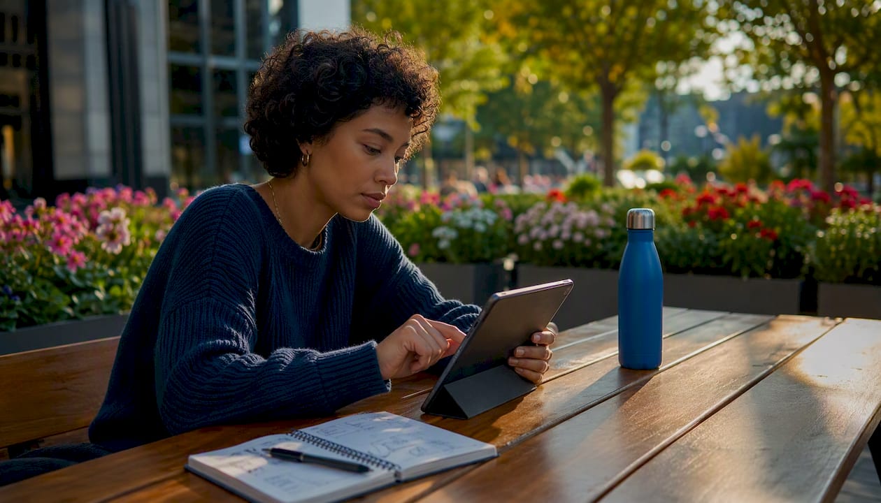 Woman reviewing car sale options on tablet in café