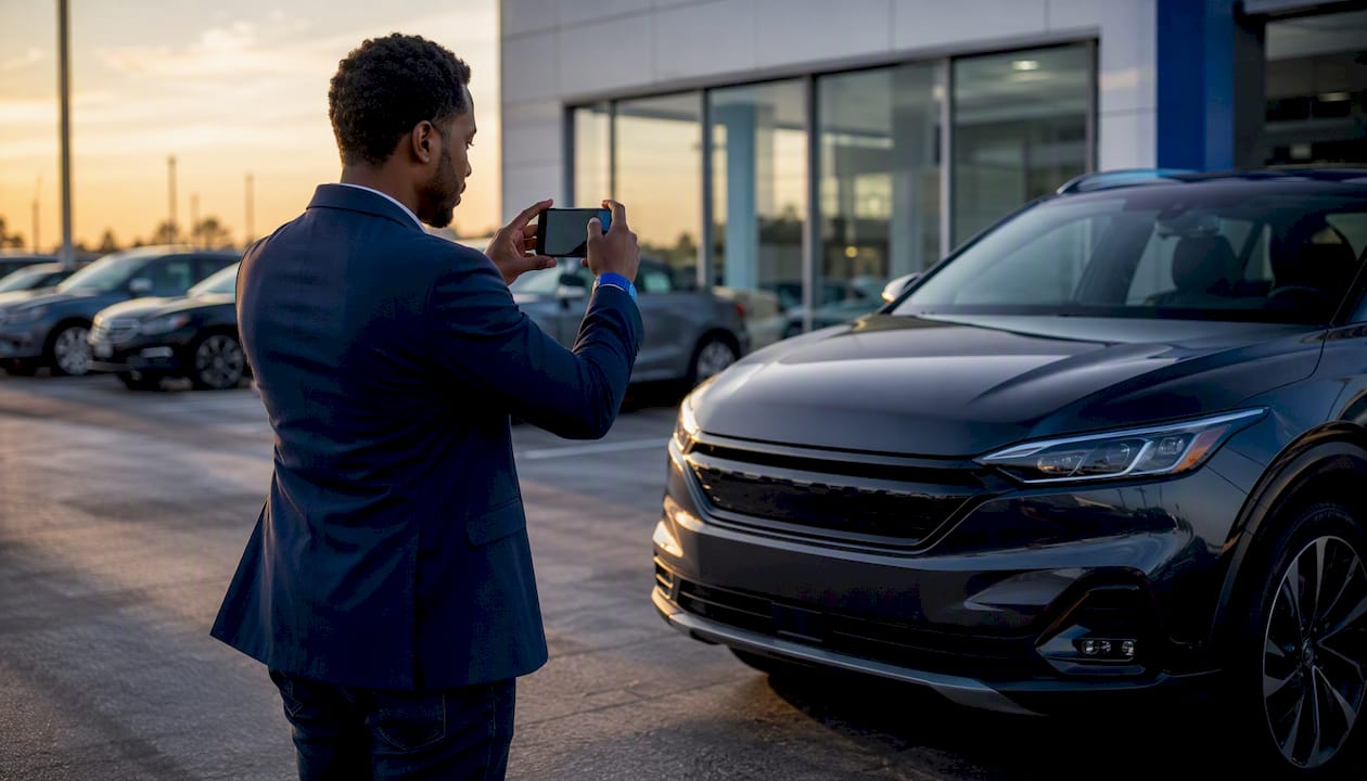 Man photographing car for instant sale outdoors
