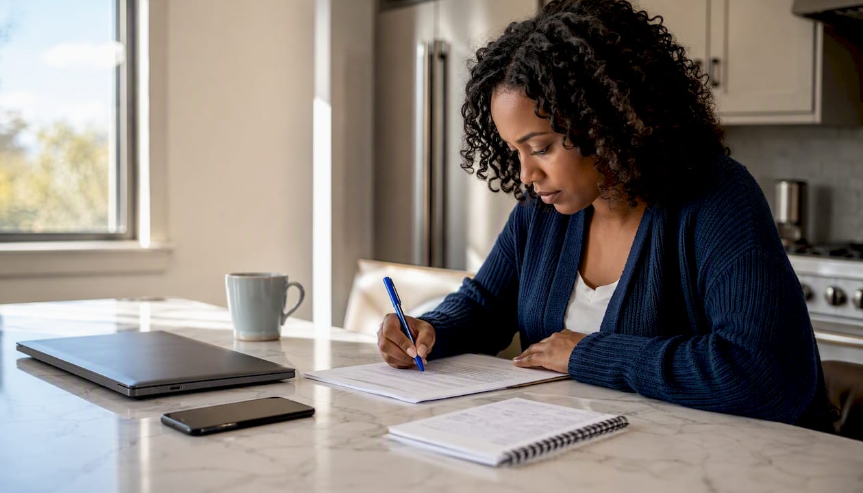 Woman completing vehicle sale documents at home office desk