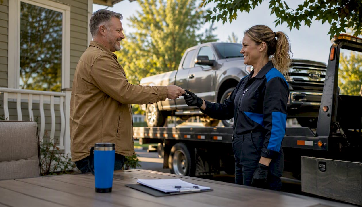 Car owner handing keys to tow truck driver at home