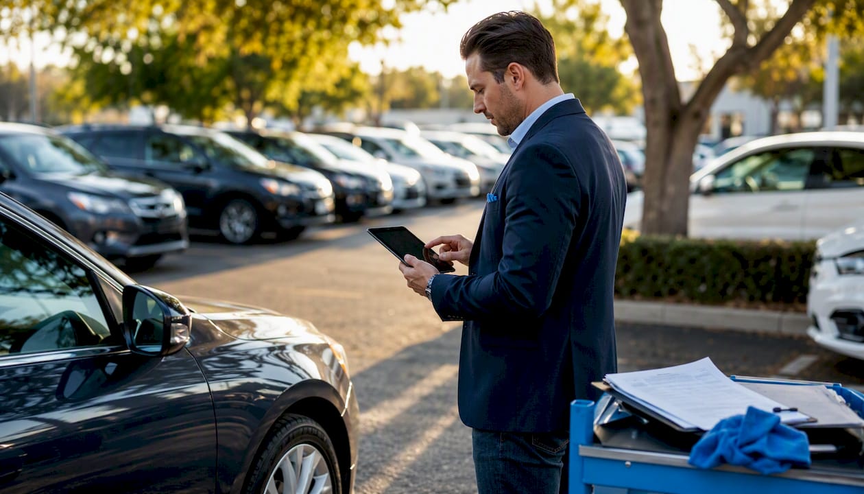 Car dealer appraising vehicle with tablet indoors