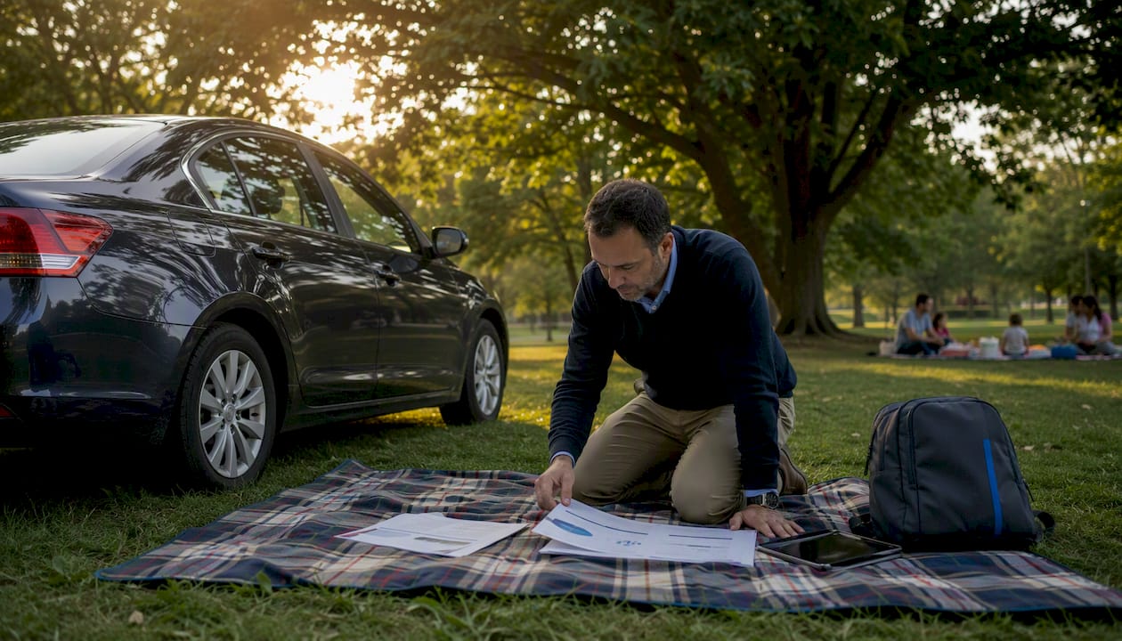 Man reviewing car trade-in documents inside vehicle