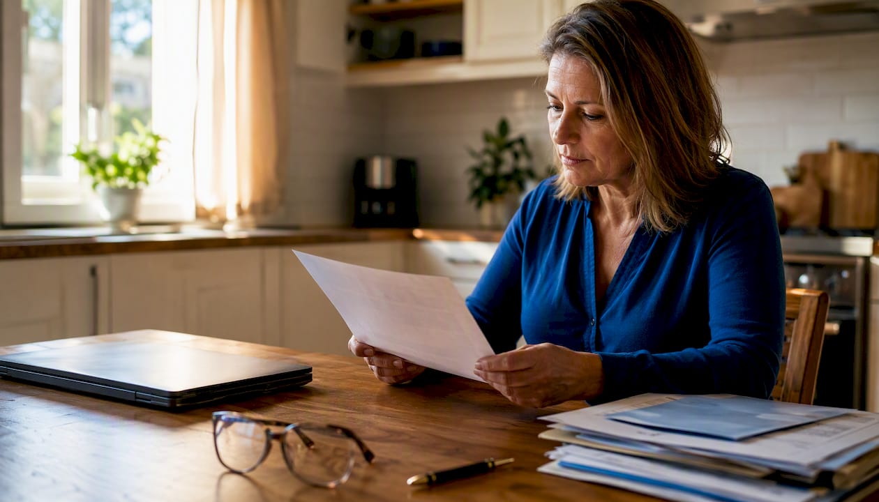 Woman reviewing Bill of Sale papers at home desk