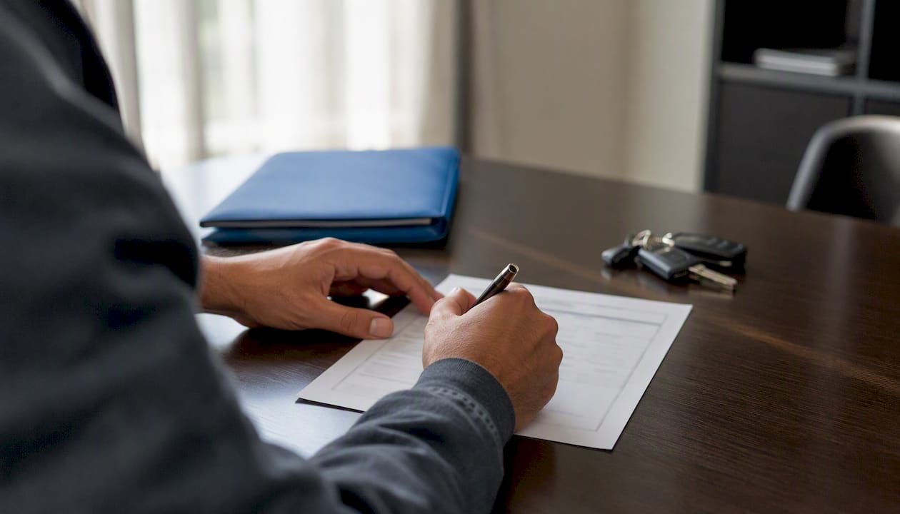 Hands signing vehicle title document