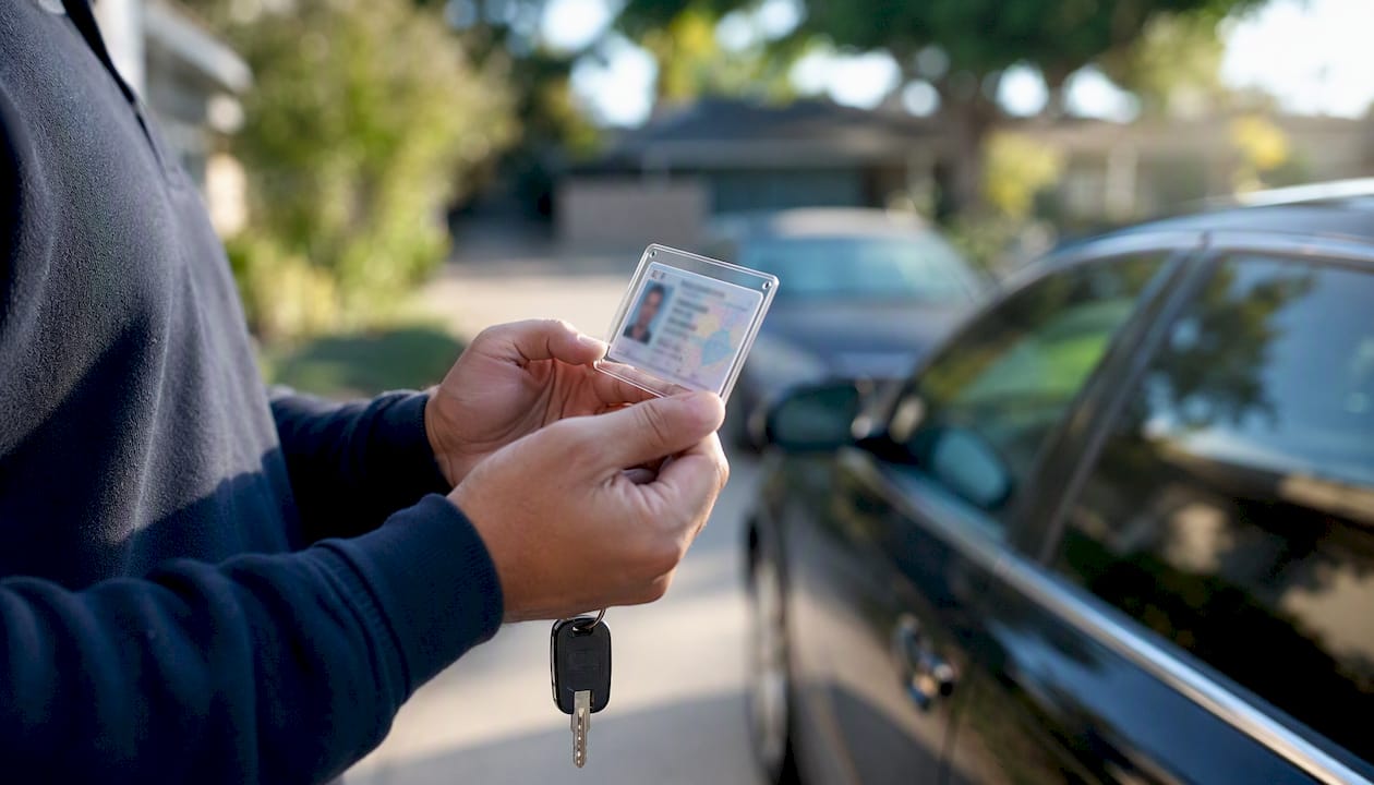 Person holding ID for car sale verification