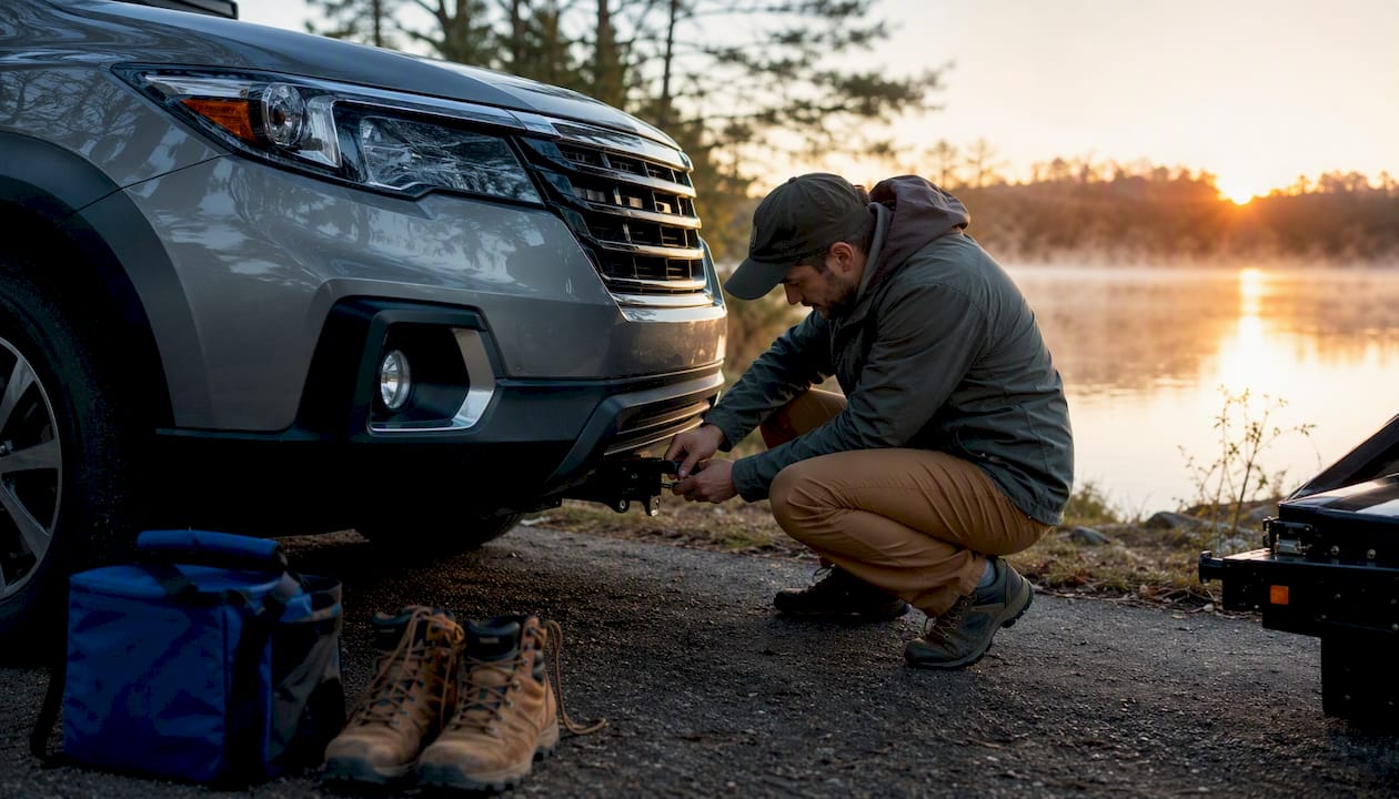 Person securing trailer hitch on SUV near mountain road