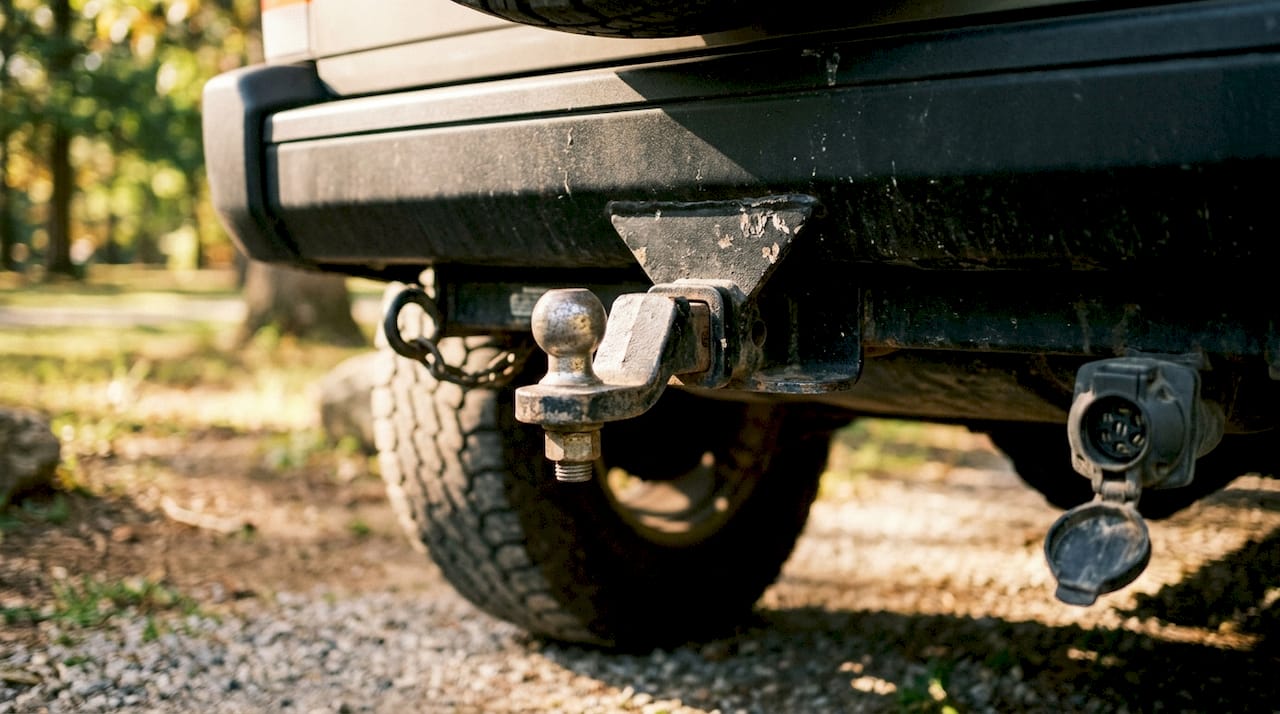 Close-up of SUV towing hitch and wiring connector