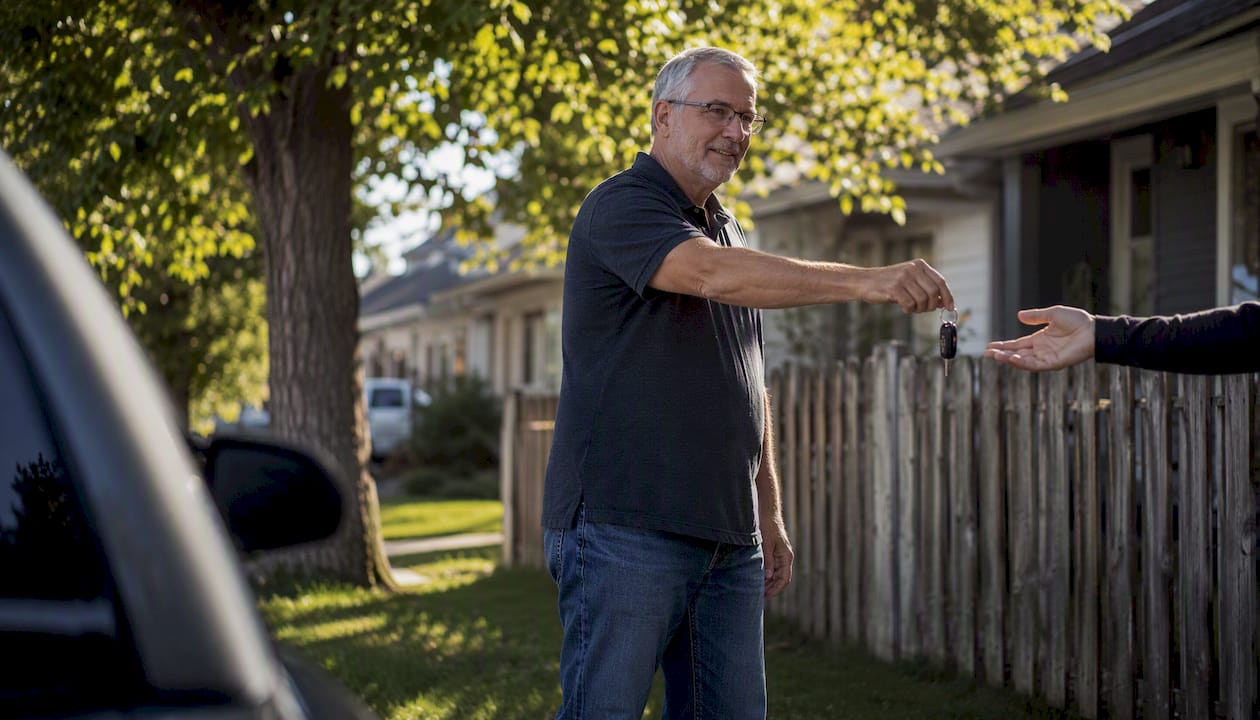 Handing car keys outdoors in driveway