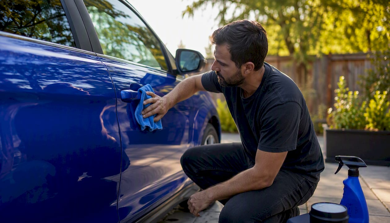Person cleaning car side mirror