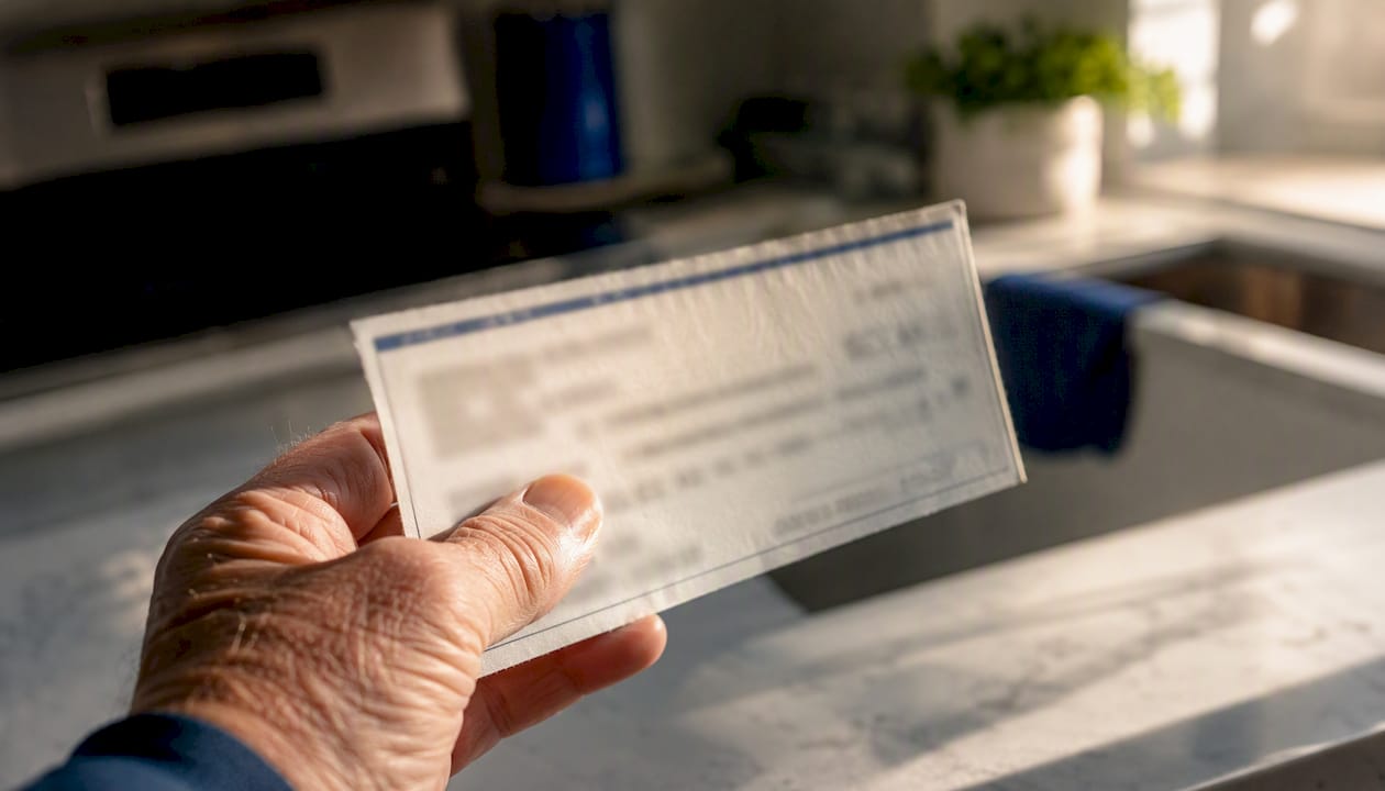Hand holding a blank cashier's check