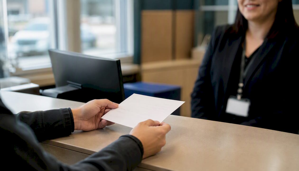 Bank teller verifying wire transfer receipt