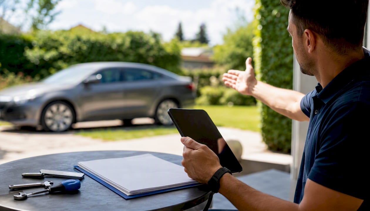 Person appraising car digitally outdoors