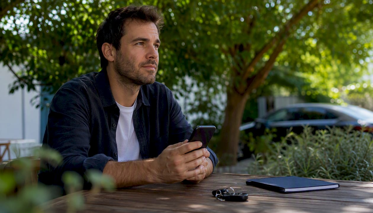 Car seller pausing with tablet and keys nearby