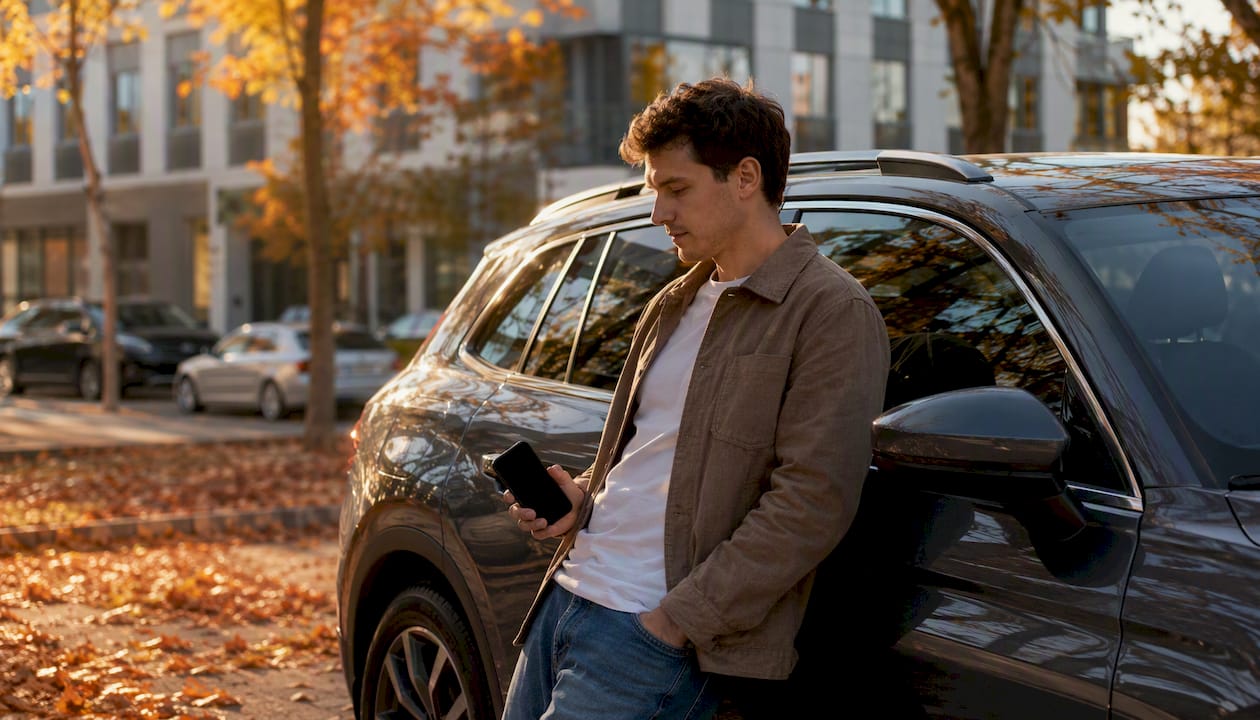 Person holding phone near SUV silhouette