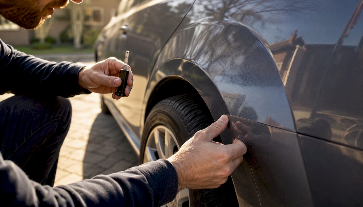 Hands inspecting car door handle and paint
