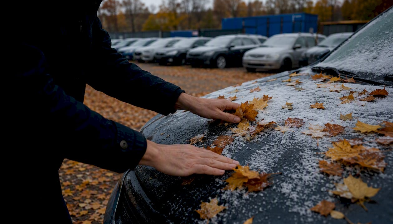 Hands adjusting antenna on SUV in fall lot