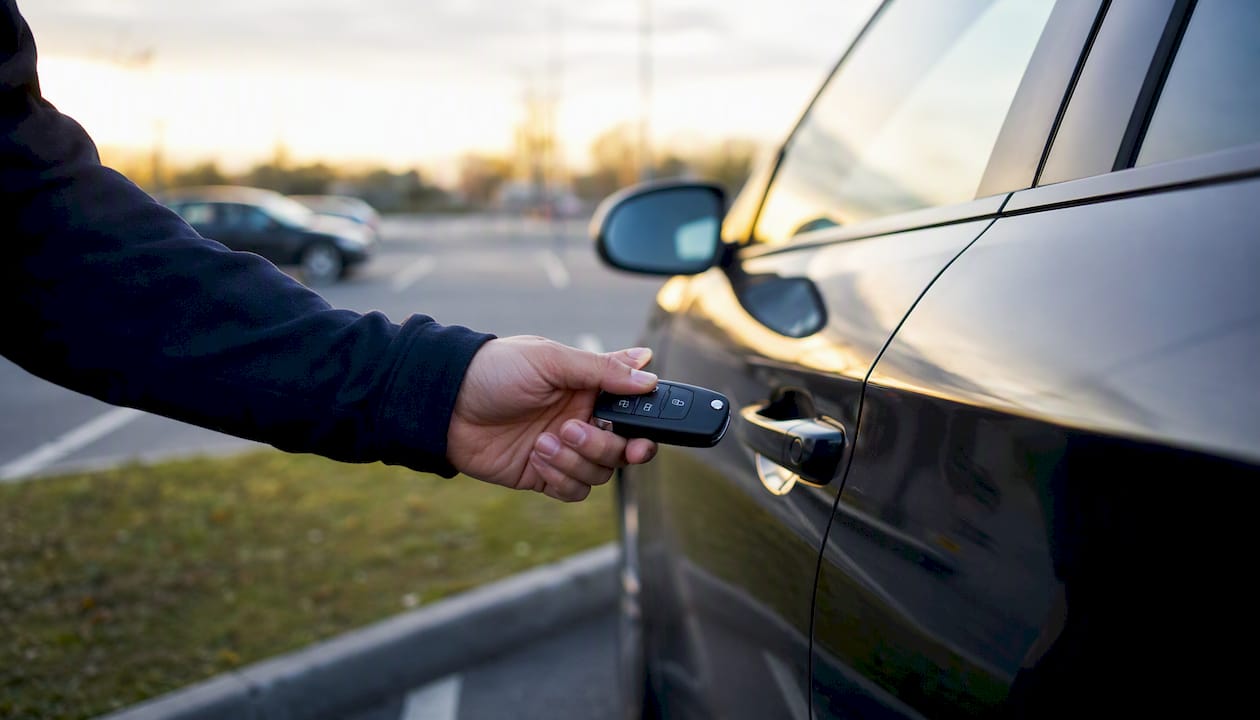 Hand holding car key near vehicle door
