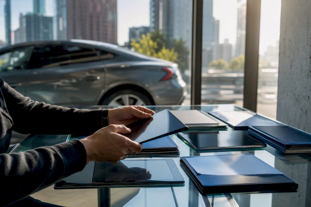 Hands organizing car service records